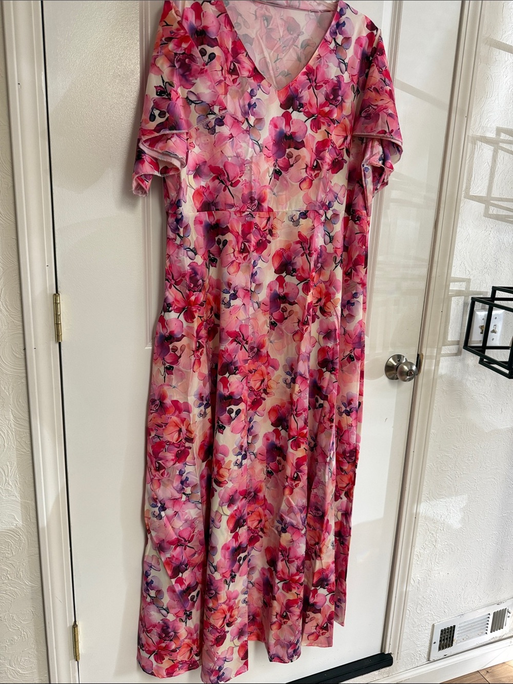 Amazon Pink Floral V-Neck Maxi Dress